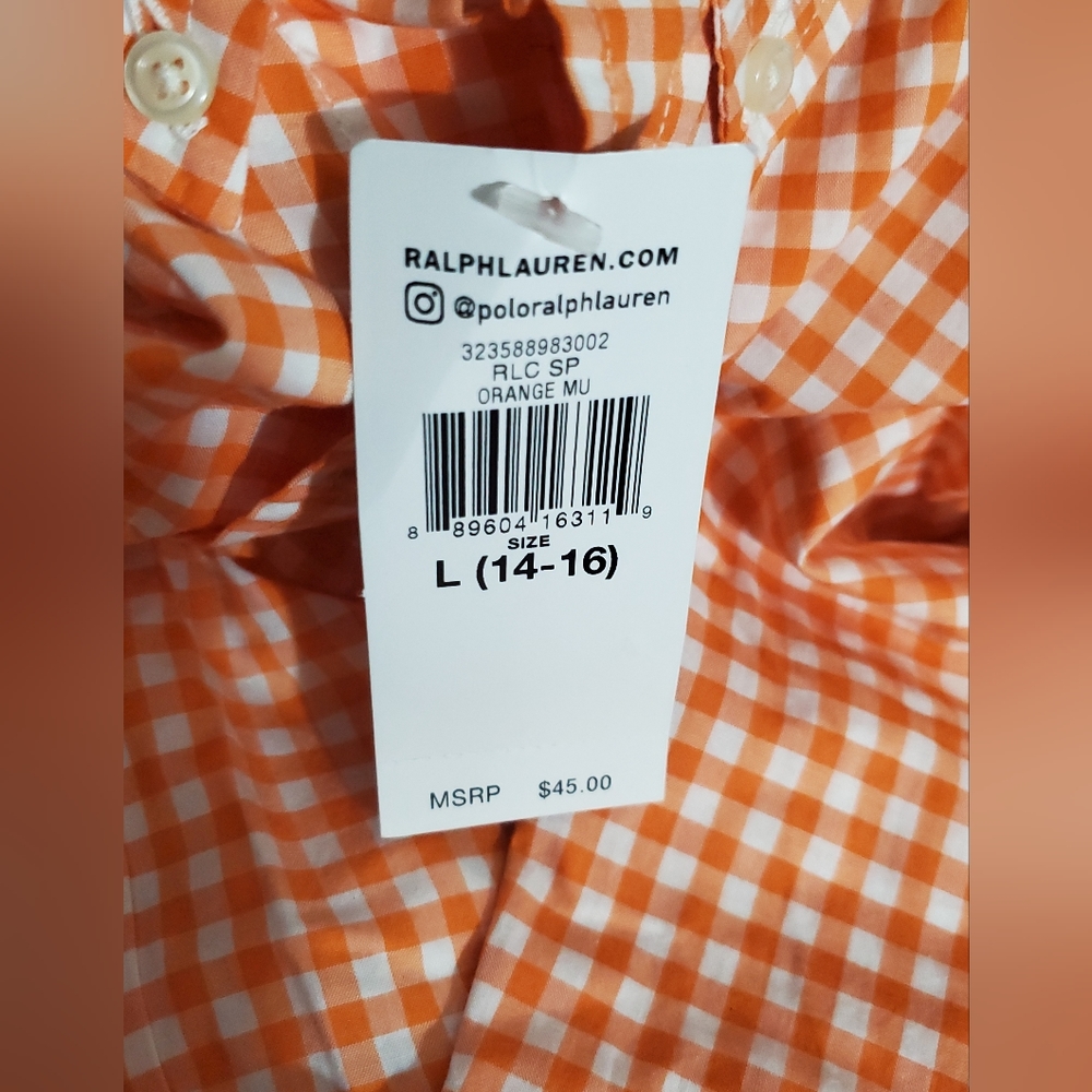 Ralph Lauren orange gingham dress shirt L 14-16 boys NWT button down fall autumn - Picture 3 of 6